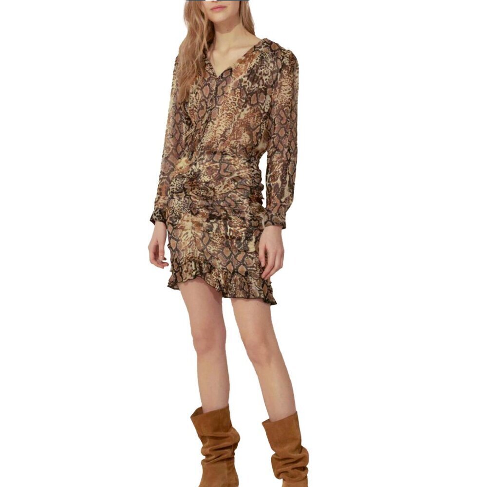 BA&SH Ruched Sheer Draped Ruffles Asymmetrical Snake Animal Print Beige Dress 0